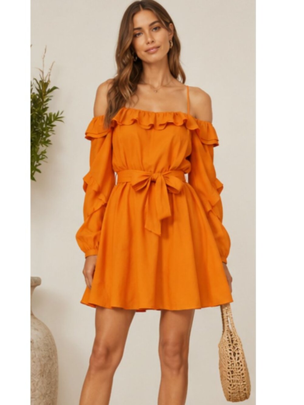 Marissa Webb x RTR Orange Cold Shoulder Linen Blend Dress Size 4